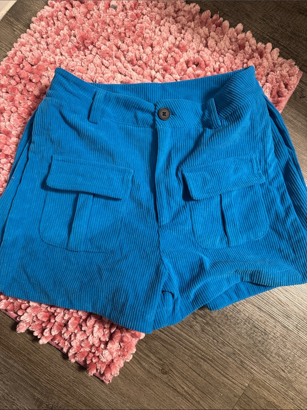High-Rise Blue Corduroy Cargo Shorts with Flap Pockets